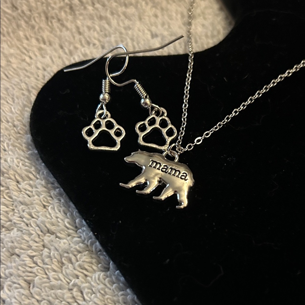 Silver Mama Bear Pendant Necklace and Paw Earrings Set